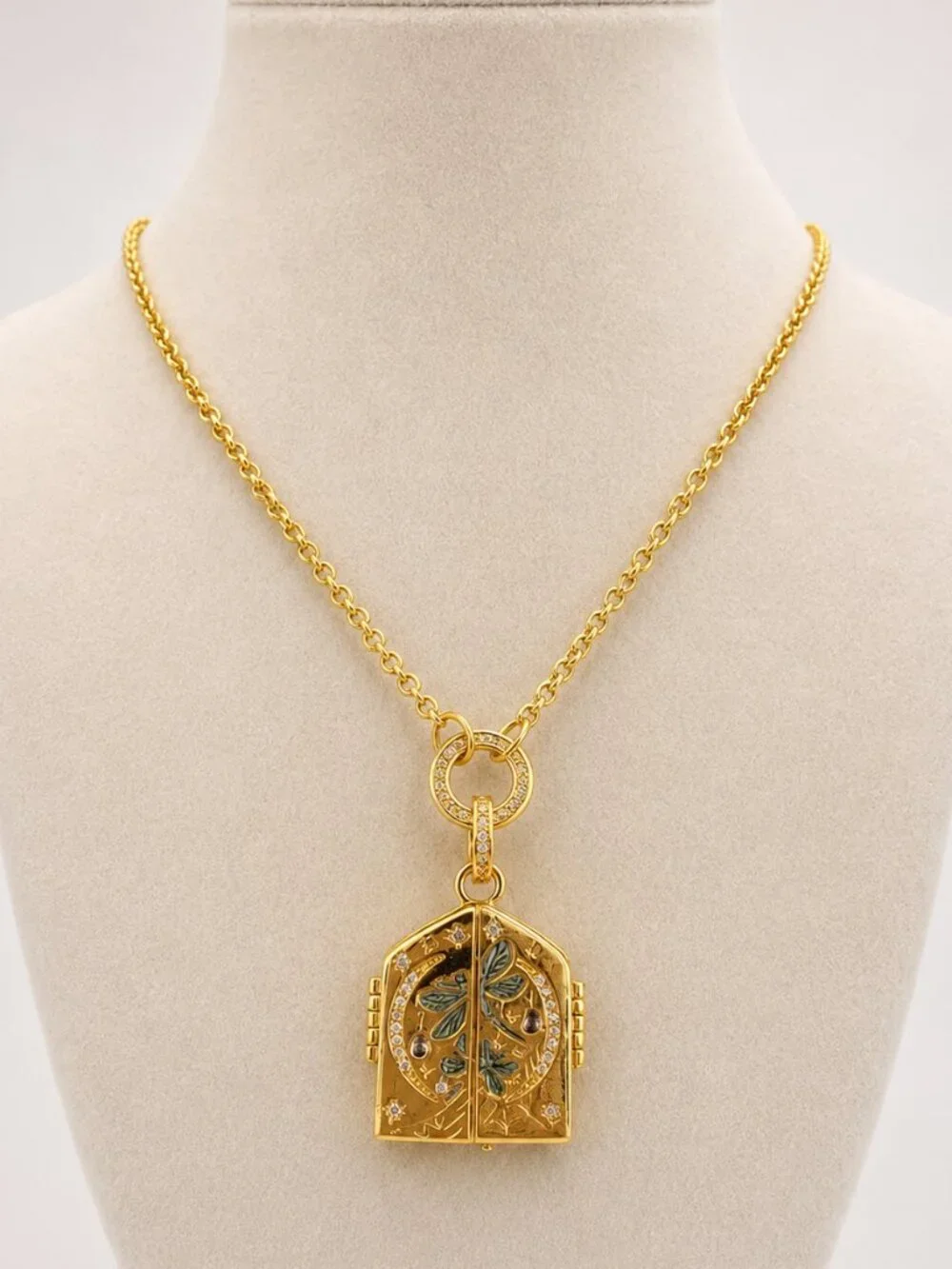 Anthropologie Gold Floral Locket Pendant Necklace Botanical Boho